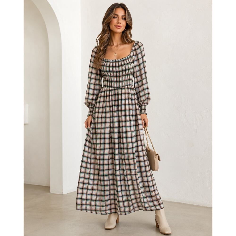 Maeve Anthropologie Cerie Plaid Maxi Dress Small Smocked Puff Sleeve Cottagecore